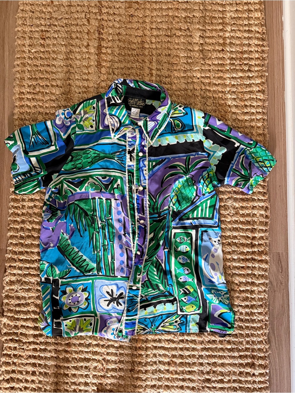 Bob Mackie 100% silk Men’s Short Sleeve Tropical Print Shirt - Green & Purple